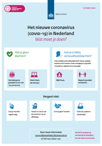 Poster met tips wat u kunt doen om corona tegen te gaan