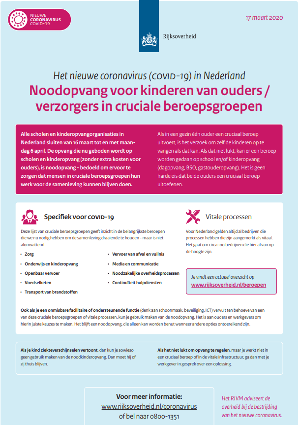 poster Noodopvang voor kinderen van ouders/verzorgers in cruciale beroepsgroepen